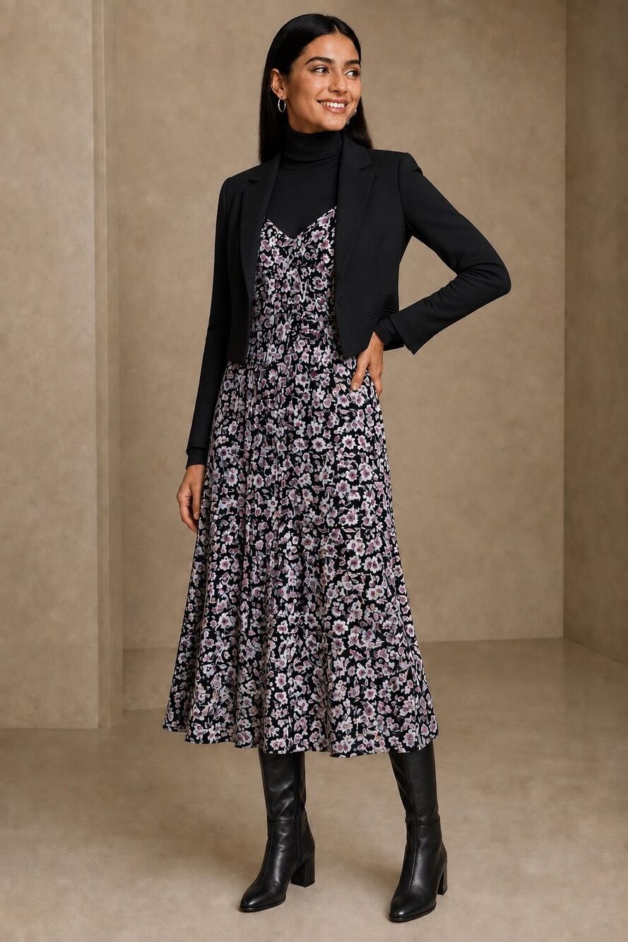 Banana Republic Floral Midi Dress Size 8 Black Pink Spaghetti Strap D3